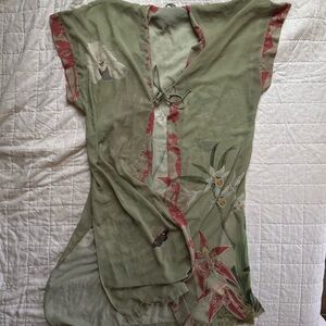 Light Sage Floral Sheer Cover-Up with Coral Accents